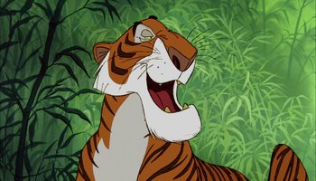 Movie still from “The Jungle Book” (1967), directed by Wolfgang Reitherman – A cartoon of shere khan from the jungle book; Close Up shot, Low angle