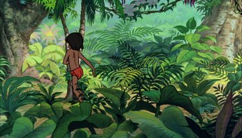 Movie still from “The Jungle Book” (1967), directed by Wolfgang Reitherman – A boy is walking through a jungle with a bunch of plants; Wide shot, Low angle