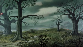 Movie still from “The Jungle Book” (1967), directed by Wolfgang Reitherman – An oil painting of trees in the middle of a grassy field; Extreme Wide shot, High angle