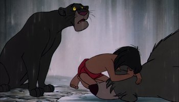Movie still from “The Jungle Book” (1967), directed by Wolfgang Reitherman – A scene of mowgli and bagheera from the jungle book; Medium shot, Low angle