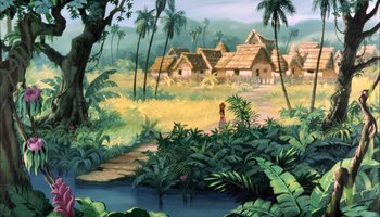 Movie still from “The Jungle Book” (1967), directed by Wolfgang Reitherman – A painting of a woman standing in front of a house; Extreme Wide shot, High angle