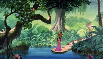 Movie still from “The Jungle Book” (1967), directed by Wolfgang Reitherman – A painting of a woman in a pink dress on a raft in the middle of a jungle; Extreme Wide shot, High angle