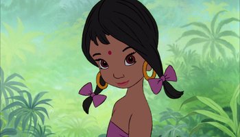 Movie still from “The Jungle Book” (1967), directed by Wolfgang Reitherman – A girl with long black hair and two bows in her hair; Close Up shot, Low angle