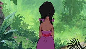 Movie still from “The Jungle Book” (1967), directed by Wolfgang Reitherman – A woman in a purple dress standing in front of a forest; Medium shot, Over the shoulder angle