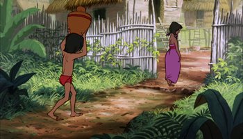 Movie still from “The Jungle Book” (1967), directed by Wolfgang Reitherman – An animated scene of a boy and a woman; Wide shot, Over the shoulder angle