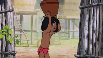 Movie still from “The Jungle Book” (1967), directed by Wolfgang Reitherman – A cartoon picture of a man holding up a pot; Medium shot, High angle