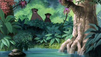 Movie still from “The Jungle Book” (1967), directed by Wolfgang Reitherman – A painting of a bear and a monkey in the jungle; Wide shot, Low angle