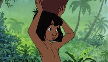 Movie still from “The Jungle Book” (1967), directed by Wolfgang Reitherman – A cartoon of mowgli holding his head in the jungle; Medium shot, Low angle