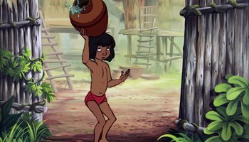 Movie still from “The Jungle Book” (1967), directed by Wolfgang Reitherman – An animated picture of a man holding a pot on his head; Wide shot, Over the shoulder angle