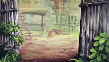 Movie still from “The Jungle Book” (1967), directed by Wolfgang Reitherman – An oil painting of an outdoor scene with chairs and a tree; Wide shot, Low angle