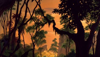 Movie still from “The Jungle Book” (1967), directed by Wolfgang Reitherman – A painting of a forest with trees in the background; Extreme Wide shot, Low angle
