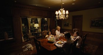Movie still from “The Killing of a Sacred Deer” (2017), directed by Yorgos Lanthimos – A group of people sitting around a dining room table; Wide shot, High angle