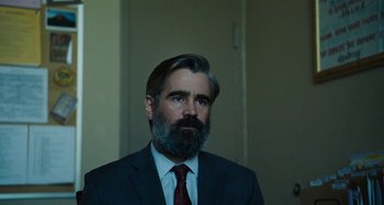 Movie still from “The Killing of a Sacred Deer” (2017), directed by Yorgos Lanthimos – A man in a suit and a red tie; Close Up shot, Over the shoulder angle