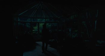 Movie still from “The Killing of a Sacred Deer” (2017), directed by Yorgos Lanthimos – Two people are standing in a dark room; Wide shot, High angle