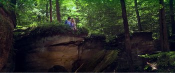 Movie still from “The Kings of Summer” (2013), directed by Jordan Vogt-Roberts – Two people sitting on a rock in the woods; Wide shot, Low angle