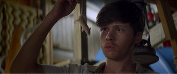 Movie still from “The Kings of Summer” (2013), directed by Jordan Vogt-Roberts – A young man holding a small animal in his hand; Close Up shot, Low angle