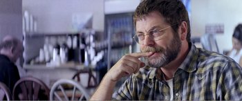 Movie still from “The Kings of Summer” (2013), directed by Jordan Vogt-Roberts – A person with glasses and a beard; Close Up shot, Over the shoulder angle