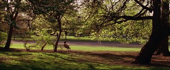 Movie still from “The Lake House” (2006), directed by Alejandro Agresti – A person sitting on a park bench under a tree; Extreme Wide shot, High angle