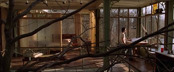 Movie still from “The Lake House” (2006), directed by Alejandro Agresti – A man standing in front of an open porch; Extreme Wide shot, High angle