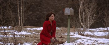 Movie still from “The Lake House” (2006), directed by Alejandro Agresti – A woman kneeling down next to a mailbox in the snow; Medium shot, Low angle
