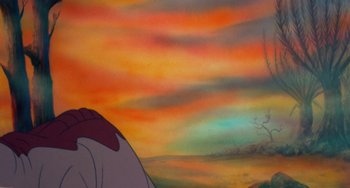Movie still from “The Land Before Time” (1988), directed by Don Bluth – A painting of an orange and blue sky with clouds; Close Up shot, Over the shoulder angle