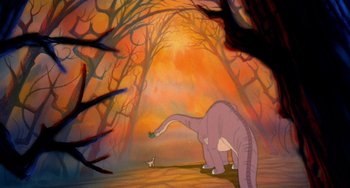 Movie still from “The Land Before Time” (1988), directed by Don Bluth – A painting of an elephant and a bird in a forest; Wide shot, High angle