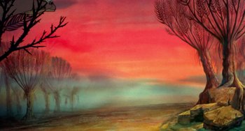 Movie still from “The Land Before Time” (1988), directed by Don Bluth – A painting of a red sky with trees in the background; Extreme Wide shot, Low angle