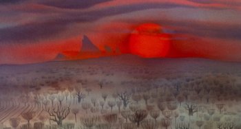 Movie still from “The Land Before Time” (1988), directed by Don Bluth – A painting of a desert landscape with a red sky in the background; Extreme Wide shot, Low angle