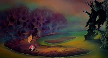 Movie still from “The Land Before Time” (1988), directed by Don Bluth – A painting of an animal and a bird in a field; Extreme Wide shot, High angle