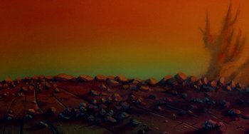 Movie still from “The Land Before Time” (1988), directed by Don Bluth – An abstract painting of rocks on the ground; Extreme Wide shot, Low angle