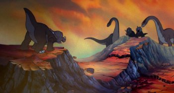 Movie still from “The Land Before Time” (1988), directed by Don Bluth – A painting of a dinosaur and an elephant in the desert; Wide shot, High angle