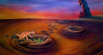 Movie still from “The Land Before Time” (1988), directed by Don Bluth – An oil painting of an animal walking on a dirt path; Wide shot, High angle