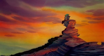 Movie still from “The Land Before Time” (1988), directed by Don Bluth – An oil painting of a person on top of a mountain; Extreme Wide shot, Low angle