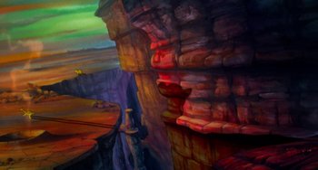 Movie still from “The Land Before Time” (1988), directed by Don Bluth – An oil painting of a cliff with a sky in the background; Extreme Wide shot, Low angle