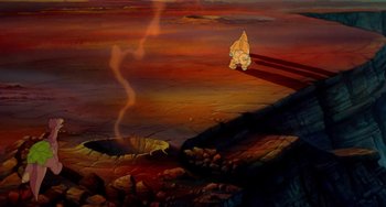 Movie still from “The Land Before Time” (1988), directed by Don Bluth – An image of a painting of a person in a desert; Extreme Wide shot, High angle
