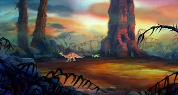 Movie still from “The Land Before Time” (1988), directed by Don Bluth – A painting of a dinosaur and a lizard in a field; Wide shot, High angle