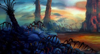 Movie still from “The Land Before Time” (1988), directed by Don Bluth – An oil painting of two trees in the middle of a field; Extreme Wide shot, Low angle