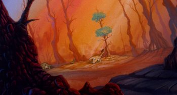 Movie still from “The Land Before Time” (1988), directed by Don Bluth – An oil painting of a forest with trees and rocks in the foreground; Wide shot, High angle