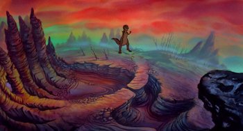 Movie still from “The Land Before Time” (1988), directed by Don Bluth – A painting of a person jumping in the air over a valley; Wide shot, High angle