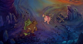 Movie still from “The Land Before Time” (1988), directed by Don Bluth – A painting of a bear and a pig in a field; Wide shot, High angle