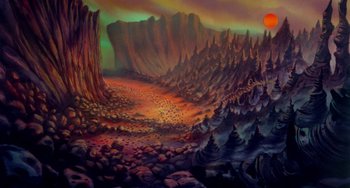 Movie still from “The Land Before Time” (1988), directed by Don Bluth – An artistic painting of a mountain landscape with trees and rocks; Extreme Wide shot, High angle