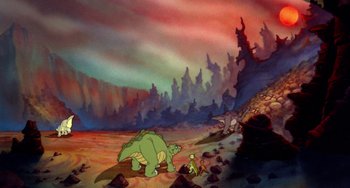 Movie still from “The Land Before Time” (1988), directed by Don Bluth – A painting of a dinosaur and a little girl; Extreme Wide shot, High angle