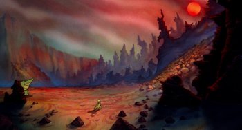 Movie still from “The Land Before Time” (1988), directed by Don Bluth – A painting of a desert with a person sitting in the middle of the desert; Extreme Wide shot, High angle