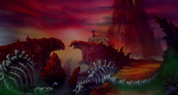 Movie still from “The Land Before Time” (1988), directed by Don Bluth – A painting of an animal in the middle of the ocean; Extreme Wide shot, High angle