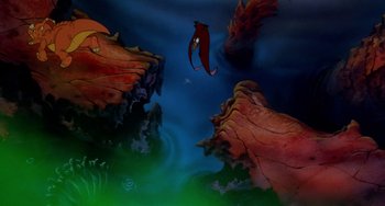 Movie still from “The Land Before Time” (1988), directed by Don Bluth – A painting of a fish swimming in the water; Extreme Wide shot, High angle
