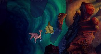 Movie still from “The Land Before Time” (1988), directed by Don Bluth – Three dinosaurs swimming in a body of water; Extreme Wide shot, Overhead angle