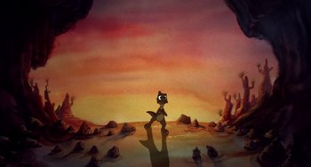 Movie still from “The Land Before Time” (1988), directed by Don Bluth – A painting of an animal standing in the middle of the desert; Wide shot, High angle