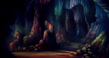 Movie still from “The Land Before Time” (1988), directed by Don Bluth – A painting of a cave filled with rocks and colorful lights; Extreme Wide shot, High angle