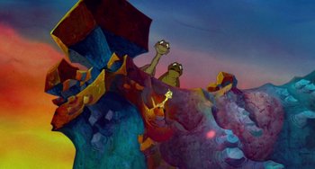 Movie still from “The Land Before Time” (1988), directed by Don Bluth – A painting of a frog holding an open umbrella; Wide shot, Low angle