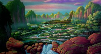 Movie still from “The Land Before Time” (1988), directed by Don Bluth – An oil painting of a valley with a river running through it; Extreme Wide shot, High angle
